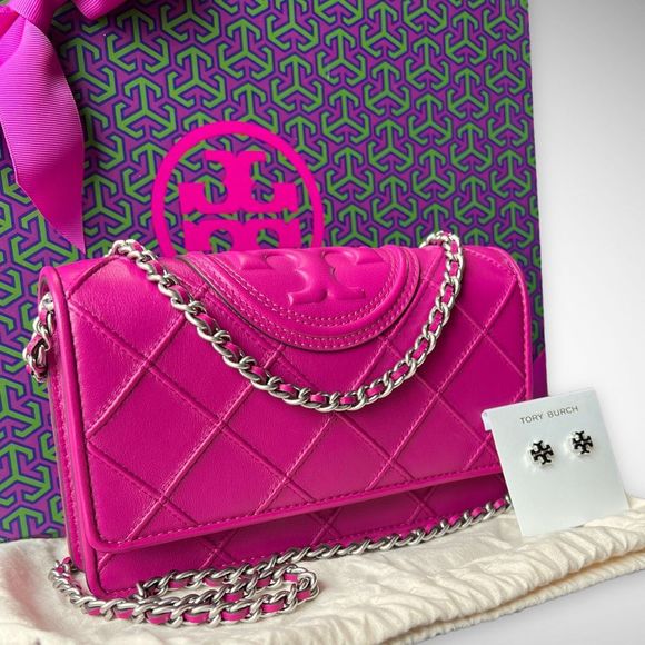 AUTH. NWT Tory Burch Pink Fleming Soft Crossbody Bag & Silver Kira Studs $576 - Picture 4 of 17